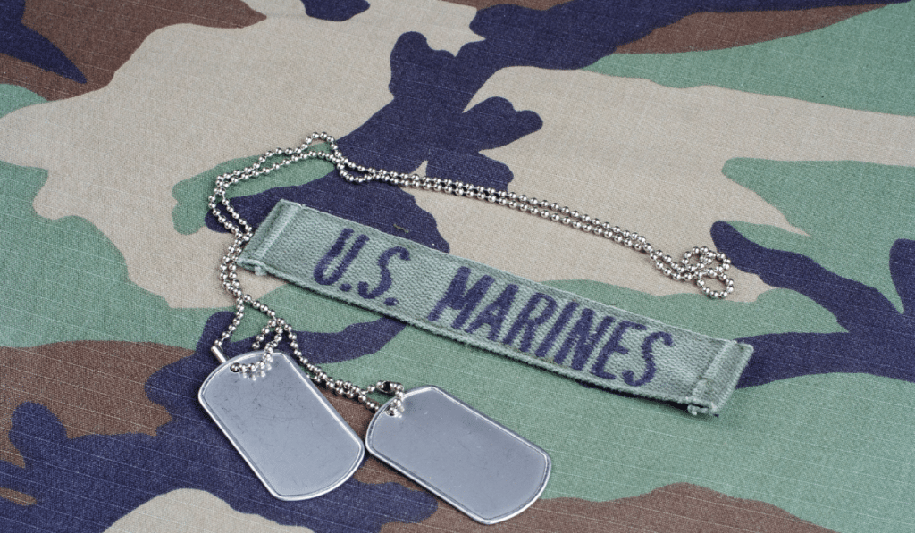 Marine corps woodland uniform with dog tags