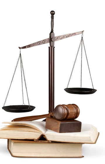 a gavel, law book, and justice scale