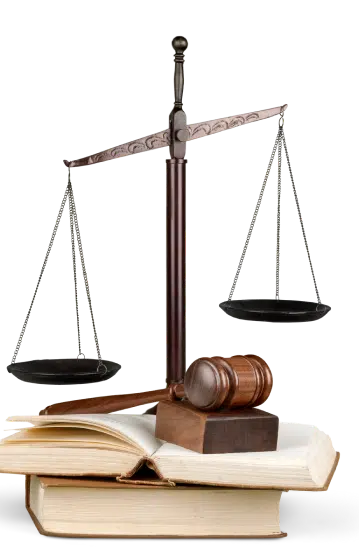 a gavel, law book, and justice scale