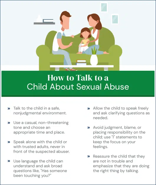 Educational infographic providing tips on discussing sexual abuse with children